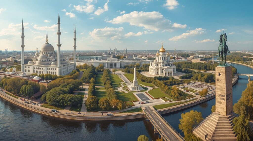 A panoramic and detailed artistic view of Ufa, the capital of the Republic of Bashkortostan, Russia — a vibrant city blending history, culture, and architecture. The composition showcases four main landmarks: The Lyalya-Tulpan Mosque, a striking modern Islamic architectural masterpiece with two tall tulip-shaped minarets (about 53 meters high) and elegant white facades, symbolizing beauty and rebirth. The Cathedral of the Nativity of the Theotokos, an impressive Russian Orthodox church built in the early 20th century, with five golden domes and a 47-meter bell tower, reflecting classic Russian style and spiritual heritage. The Victory Park, a large green memorial complex dedicated to World War II, with monuments, obelisks, an eternal flame, open-air military exhibits, and scenic viewpoints overlooking the Belaya River. The Salavat Yulaev Monument, a grand bronze equestrian statue of the national hero of Bashkortostan mounted on a tall granite pedestal, symbolizing freedom, courage, and strength, standing proudly above the riverbank. The atmosphere combines historical reverence, cultural diversity, and modern harmony. Include soft daylight, realistic details, lush greenery, and a balance of urban and natural landscapes. The mood should evoke pride, tranquility, and admiration — a perfect visual tribute to the beauty and spirit of Ufa.