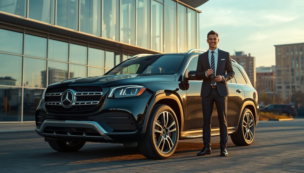 modern black Mercedes GLS SUV